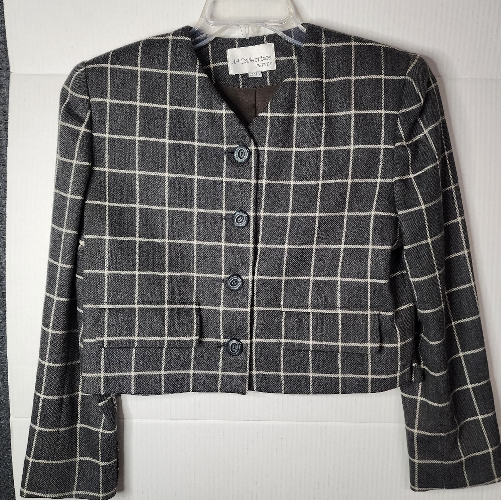 Vintage JH Collectibles Plaid Gray With Cream Stripes Cropped Wool Blaze…